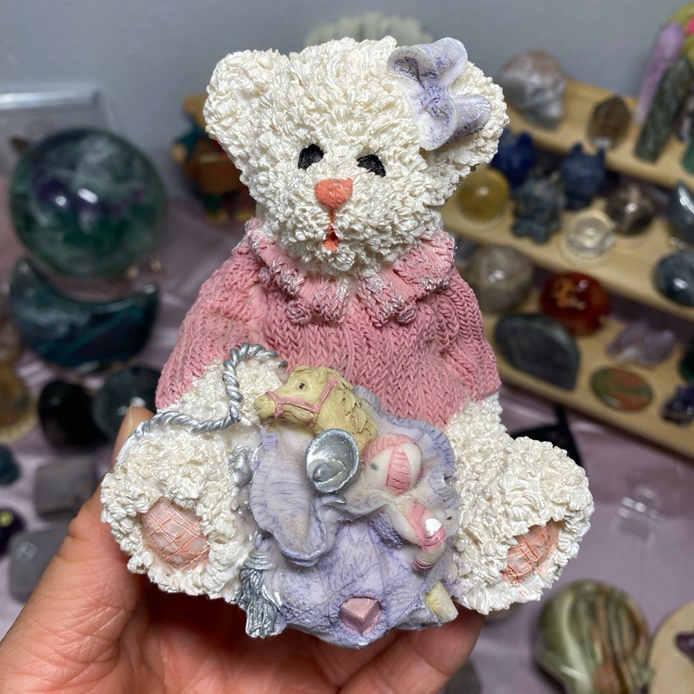 TEDDY BEAR VINTAGE PINK SWEATER BOW UNICORN FIGURINE COLLECTIBLE DECOR